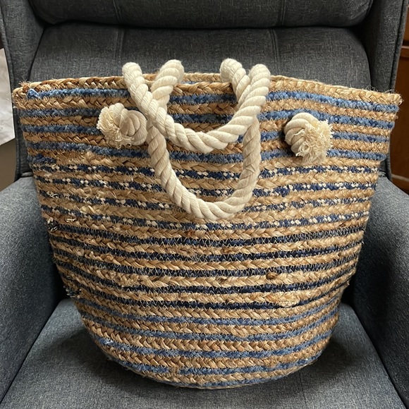 Magid Striped Sisal Jute & Denim Woven Tote